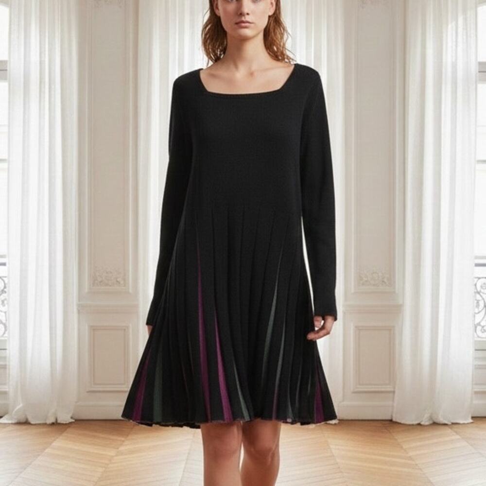 Angel Sabri Uzel Black Long Sleeve Pleated Multi Color  Sweater Dress Large